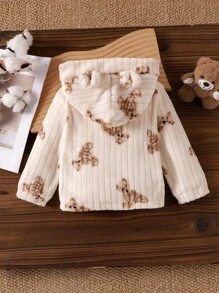 SHEIN 女童可爱兔耳和熊印花蓬松保暖夹克，秋冬时尚 - 彩色 - 查看 2