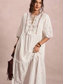 SHEIN VCAY Plus Size Embroidered Dress, Casual Holiday Style Dresses For Women Elegant Going Out Outfits Date Night Outfits Women Flowy Dress Winter Dress School Teacher Outfits For Women Western Vintage Winter Fall Clothes Plus Size Boho Old Money Winter Outfits For Women