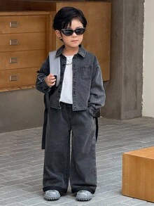 SHEIN 2件套小男孩灰色牛仔翻领长袖衬衫和宽松长裤套装