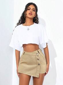SHEIN PETITE Quần short denim đơn hàng cài khuy đơn màu trơn dành cho nữ - Màu Khaki - Xem 3