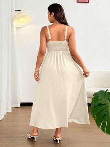 Flirla Plus Size Women's Elegant Solid Color Front Tie Bow Spaghetti Strap Maxi Beach Dress, Suitable For Beach, Resort, Party, Date, Music Festival, Spring/Summer, Versatile Design - Apricot - View 4