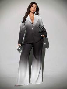 Viva Relle 大码渐变色喇叭裤，优雅西装套装 - 黑與白 - 查看 3