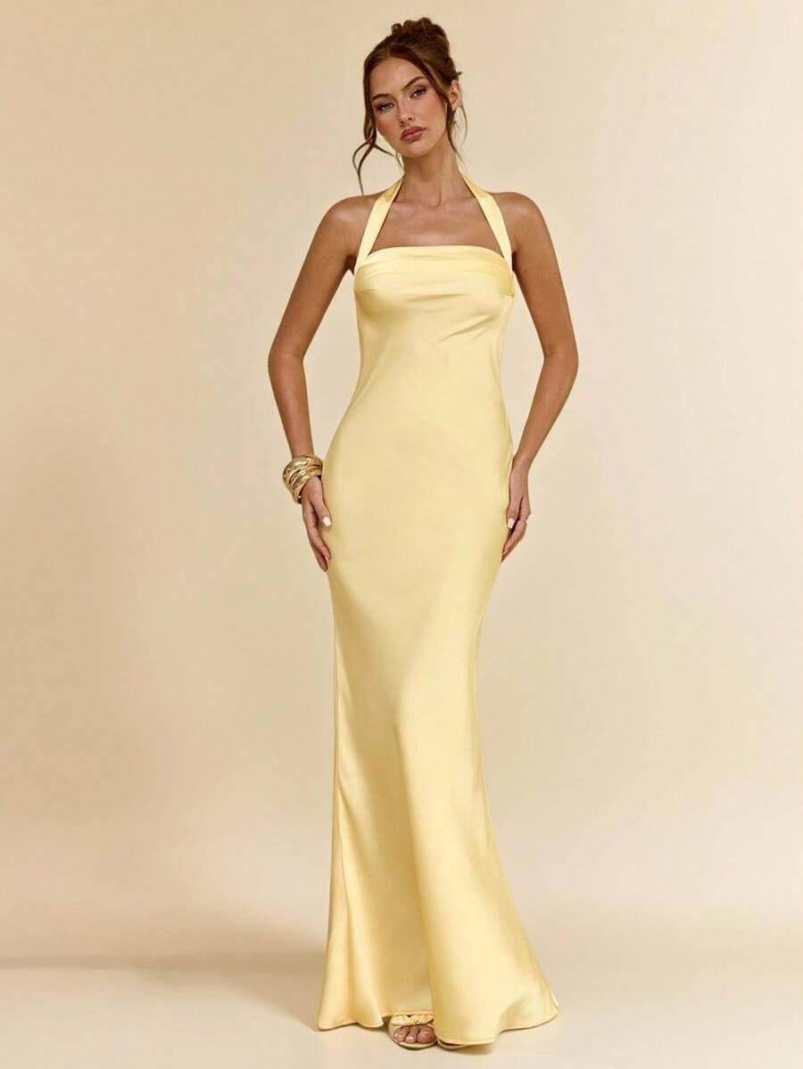 SHEIN BAE 女士春夏性感简约纯黄色缎面露背吊带连衣裙，适合派对、鸡尾酒会、正式场合、伴娘、生日庆典 - 黃色 - 查看 1