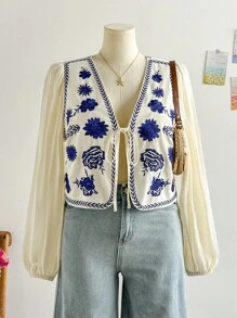 Soleia Áo khoác vest dài tay vải lanh thêu màu xanh dành cho nữ cỡ lớn - Nhiều màu - Xem 5