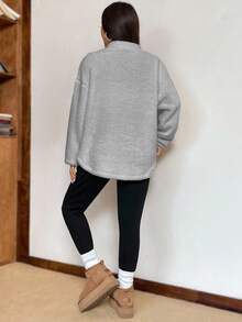 SHEIN EZwear 女式新款字母图案立领双面绒卫衣和紧身绒打底裤套装，秋冬 - 灰色 - 查看 2