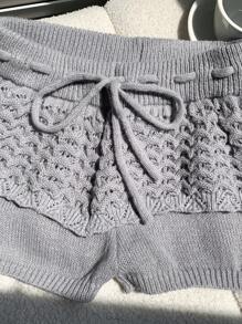 SHEIN EZwear 女士时尚纯色二合一紧身毛衣短裤（秋冬） - 灰色 - 查看 5