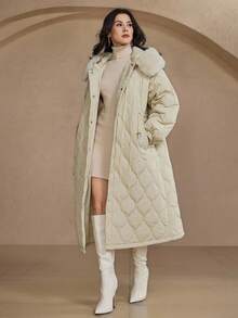 DAZY 女式长款毛领拼接棉衣 秋冬 - 米色 - 查看 7