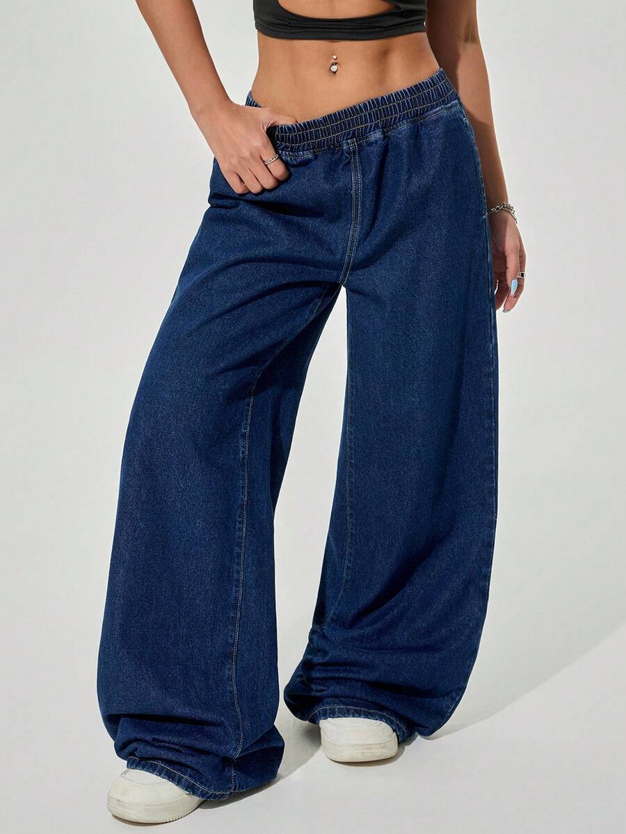SHEIN PETITE 女士松紧腰宽松直筒休闲牛仔裤，夏季 - 深色水洗藍 - 查看 1