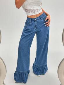 SHEIN PETITE Quần Jeans Denim Xanh Đơn Giản Thường Ngày Cho Nữ - Rửa nhẹ - Xem 1