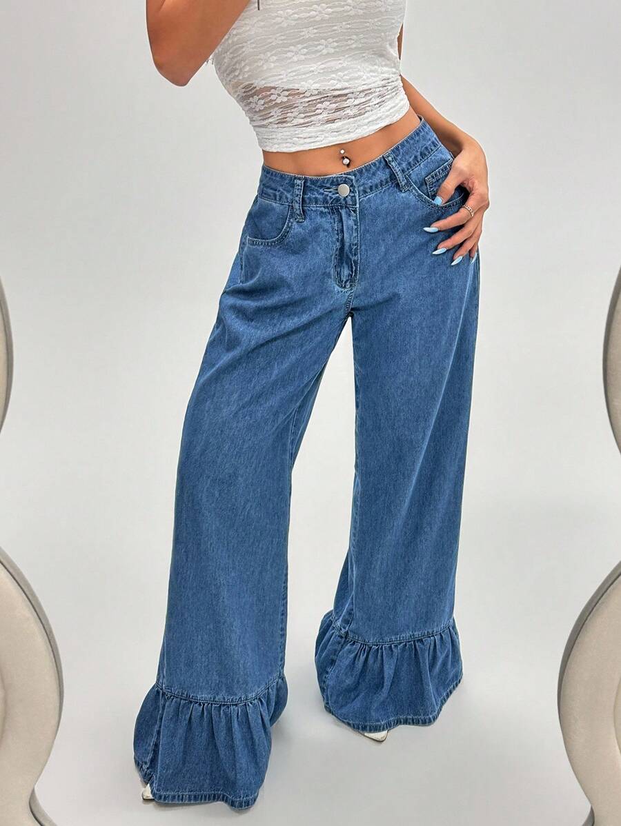 SHEIN PETITE Quần Jeans Denim Xanh Đơn Giản Thường Ngày Cho Nữ - Rửa nhẹ - Xem 1