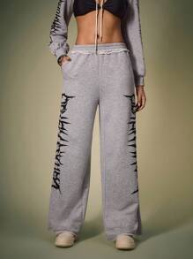 Shutterstock Women's Loose Gothic Letter Print Frayed Hem Drawstring Sweatpants, Casual Street Style For Halloween, Back To School, Autumn Graphic Sweatpants Wide Leg Sweatpants Grey Sweatpants Women Matching Idea Party Pant