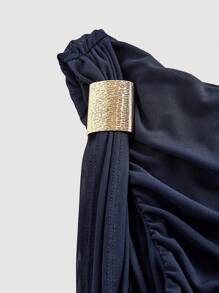 SHEIN MOD Women's Fashionable Elegant Romantic Ruched Asymmetric Midi Dress - Navy Blue - View 3