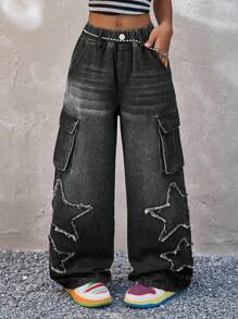 Coolane Tween Girls Four Seasons Front Button Pocket Five Pointed Star Frayed Hem Simple Casual Jeans, Back To School,Streetwear Fall/Winter - Black - View 2