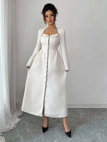 Elenzga Váy vải tuýt trắng thanh lịch kiểu Pháp, cổ vuông viền tương phản, thiết kế nút ngọc trai, phong cách lãng mạn nhẹ nhàng cho nữ - trắng - Xem 7