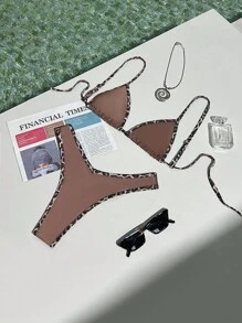2 件套印花随机吊带工字背豹纹性感细肩带比基尼套装，带侧系带下装夏季 - 咖啡棕 - 查看 6