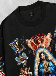 ROMWE MEN Goth Men's Streetwear Graphic Print Pullover Hoodie, Suitable For Spring/Summer - Black - View 5