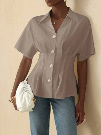 Vesra 女士休闲纽扣短袖衬衫，简约设计，适合日常穿着