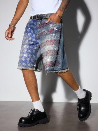 Street Life Casual Fashion Loose Fit Wide Leg Men Rhinestone Denim Shorts