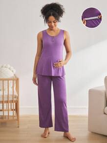 Moonlight&Mama Soft & Skin-Friendly Casual Loungewear Maternity Pajama Set - Purple - View 1