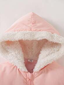 SHEIN Toddler Infant Baby Girls Casual Cinched Waist Bow Pocket Teddy Lining Lightweight Long Sleeve Zip Up Hooded Quilted Jacket, Winter Hooded Coat Pink Baby Girl Coat Fall - Pink - View 4
