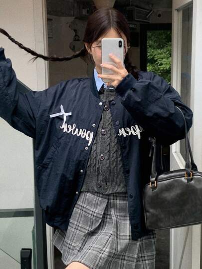 DAZY Women's Loose Fit Bow Decor Baseball Jacket, Casual Street Style Bomber Jacket,Fall Women Clothes