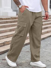 Manfinity Homme 秋季大码女式工装口袋阔腿宽松休闲裤 - 卡其色 - 查看 3