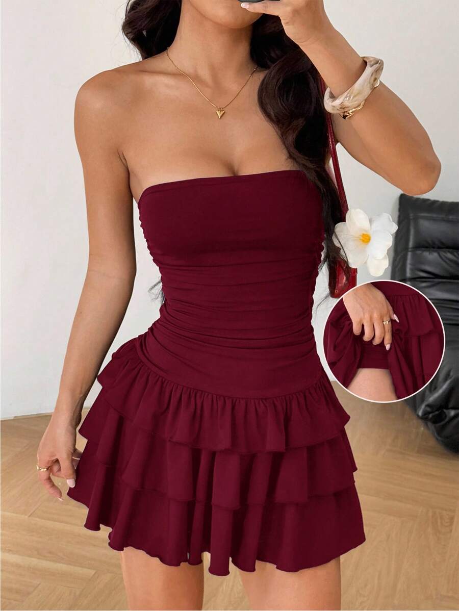 SHEIN EZwear Knitted Fabric A-Line Sleeveless Mini Dress In Burgundy Tube Top Dress Ruffle Dress,Party Dress