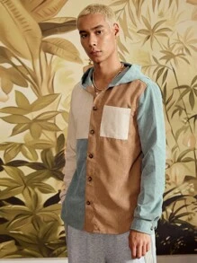 SWAVVY Loose Fit Men's Color Block Patched Pocket Hooded Corduroy Shirt (Shirt Only), For Fall Winter - Blue - View 5