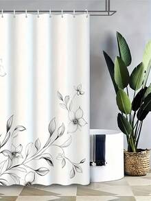 SHEIN 1PC Floral Shower Curtain - Black & White Modern Botanical Print, Waterproof Polyester Fabric With Rust-Resistant Grommets, Machine Washable Bathroom Decor - Luxury Spa Style, Hotel Inspired, Woven Textured Design For Bath & Shower