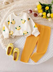 Baby Girls Casual Cute Sweatshirt Set, 3D Crochet Floral Print Pullover Top And Knitted Leggings, Autumn Outfit Fall Winter