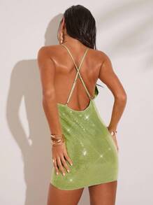 SHEIN BAE Women's Sexy Deep V-Neck O-Ring Halter Backless Mini Dress - Green - View 2