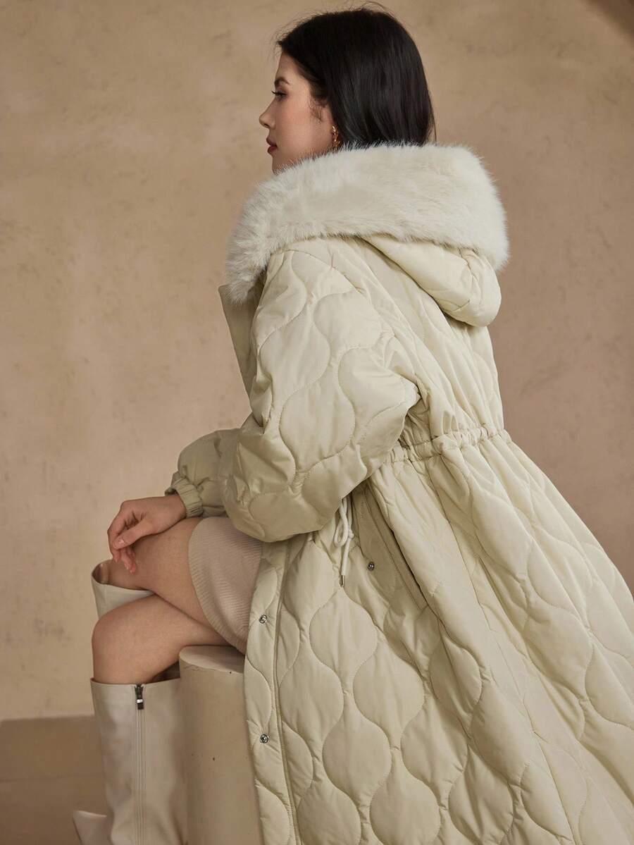 DAZY 女式长款毛领拼接棉衣 秋冬 - 米色 - 查看 1