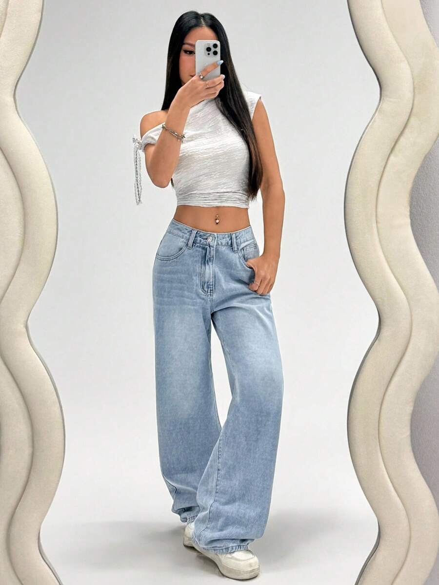 SHEIN PETITE 女式简约蓝色休闲牛仔裤 - 淺色水洗藍 - 查看 1