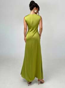 Firerie 女士优雅、浪漫、迷人的绿色缎面船领无袖纽扣装饰开衩下摆修身及地长裙，适合派对、庆典、正式场合、毕业典礼、婚礼作为宾客着装，夏季和秋季 - 綠色 - 查看 4