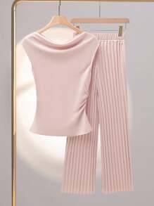 Franclia Women's Elegant Satin High Neck Ruffle Blouse And High Waist Pleated Pants 2 Pieces Set Clothes For University - Pink - View 2