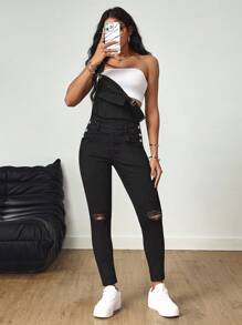 SHEIN Tall Solid Color Elastic Distressed Skinny Denim Bib Overalls - Black - View 5