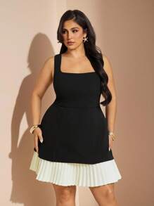 SHEIN BAE Váy xếp ly ren hoa lãng mạn cỡ lớn cho nữ màu tương phản, phù hợp cho trang phục thường ngày mùa xuân, mùa hè, mùa thu, trang phục hẹn hò - màu đen - Xem 6