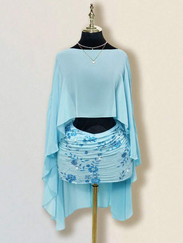 Sweetina Blusa suelta de vacaciones de color azul para mujer con estilo de uso múltiple, cuello asimétrico, espalda abierta y tirantes con lazo