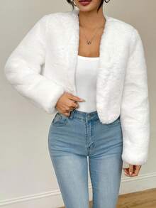 SHEIN PETITE Women's Solid Color Elegant Fashion Faux Fur Long Sleeve Jacket, Autumn/Winter White Faux Fur Jacket