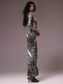 MUSERA Metallic Leoparden-Muster Ausschnitt Taille Langarm Maxikleid mit Schlitz vorne, für Herbst Winter Frühling Sommer Urlaub Abend Hochzeit Gast Geburtstag Club Sexy Brunch Ausgehen Kreuzfahrt Party Elegant Ibiza Anlass Mädchenhaft Niedlich