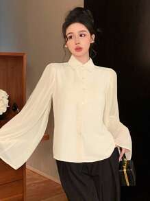 DAZY Women's Autumn Patchwork Loose Pleated Ruffle Sleeve Blouse Long Sleeve Top - Apricot - View 8