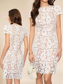 Amorya 女士蕾丝与花卉不对称下摆浪漫短袖连衣裙 女士服装 返校节音乐会服装 女士返校节服装 女士办公室服装 教师服装 女士夜间外出服装 女士教堂服装 女士早午餐服装 女士生日礼服 女士婚礼宾客礼服，白色连衣裙 - 玫紅色 - 查看 2