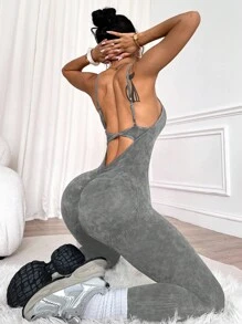 Easithlete 1 件女士哑光水洗圆领扭纹吊带连体裤灰色健身连体裤无缝健身连体裤瑜伽连体裤健身连体裤女士健身连体裤 - 淺灰色 - 查看 4