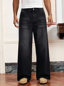SWAVVY Herren Mode Lässig Schwarze Gewebe Patchwork Lange Jeans - Schwarz - Übersicht 4