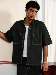 SWAVVY Men's Casual Loose Vintage Style Shirt & Shorts Set, Summer - Black - View 6