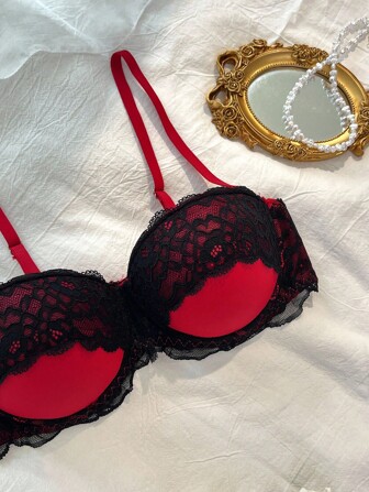 DelicateAllure Push-Up Balconette Underwired Molded 1/2 Cup Strapless Floral Lace Women's Bra, Red, Black, Suitable For Vacation And Party Red And Black Lingerie Set Lace Push Up Bra