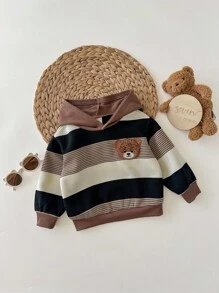 Baby Boy Cute Striped Cartoon Pattern Hooded Sweatshirt, Versatile For Autumn/Winter Fall - Multicolor - View 3