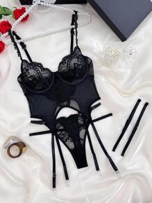 4pcs/Set Lace Contrast Mesh Women Sexy Underwire Lingerie Set For Going Out, Baddie Look