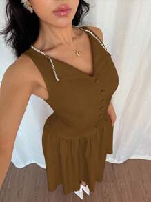 Modelyn 女士优雅 A 字型中长纯色连衣裙 - 棕色 - 查看 5