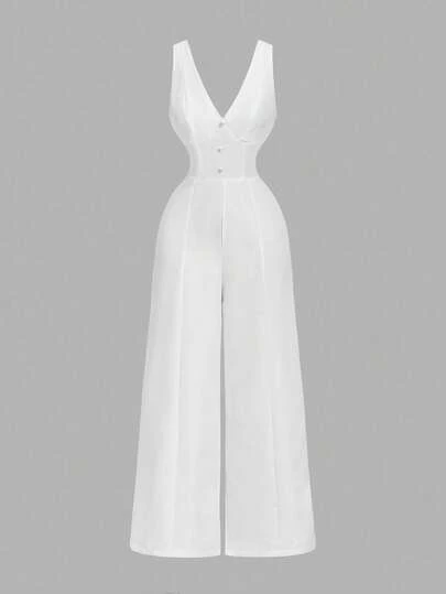 SHEIN MOD 深 V 领无袖束腰阔腿白色连体裤，女式阔腿连体裤，优雅白色连体裤，白色阔腿连体裤，女式白色连体裤，商务休闲女式，白色，女式优雅连体裤